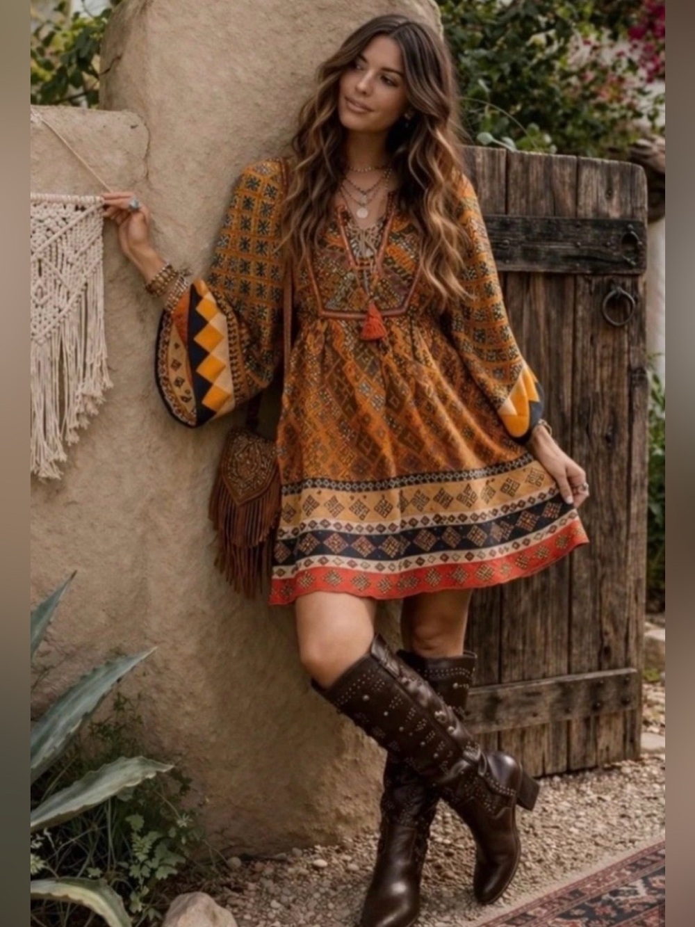 Boho Printed Long-Sleeve Mini Dress in Rust